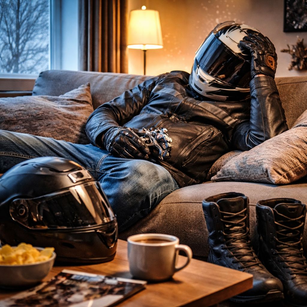 5 Phasen der winterlichen Motorrad-Winterstarre Blog I love my Moped - I love my moped Motorcycle rider in leather gear relaxing on a sofa; helmet on the floor, boots nearby, coffee and snacks on the table.