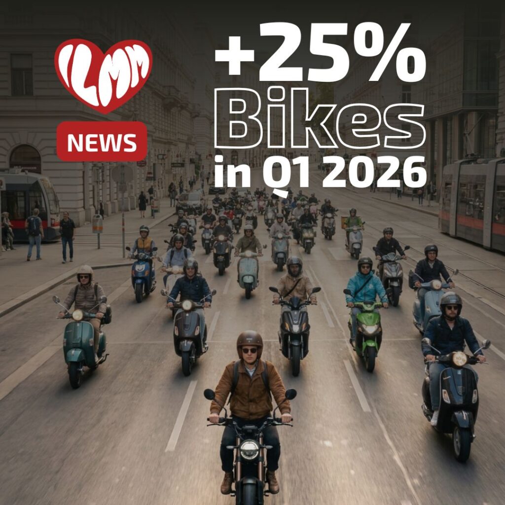 Blogpost ILMM 25_ mehr Zulassungen Q1 2026 - I love my moped Busy city street with many motorcycles; headline reads '+25% Bikes in Q1 2026' and a red NEWS badge.