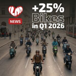 Busy city street with many motorcycles; headline reads '+25% Bikes in Q1 2026' and a red NEWS badge.