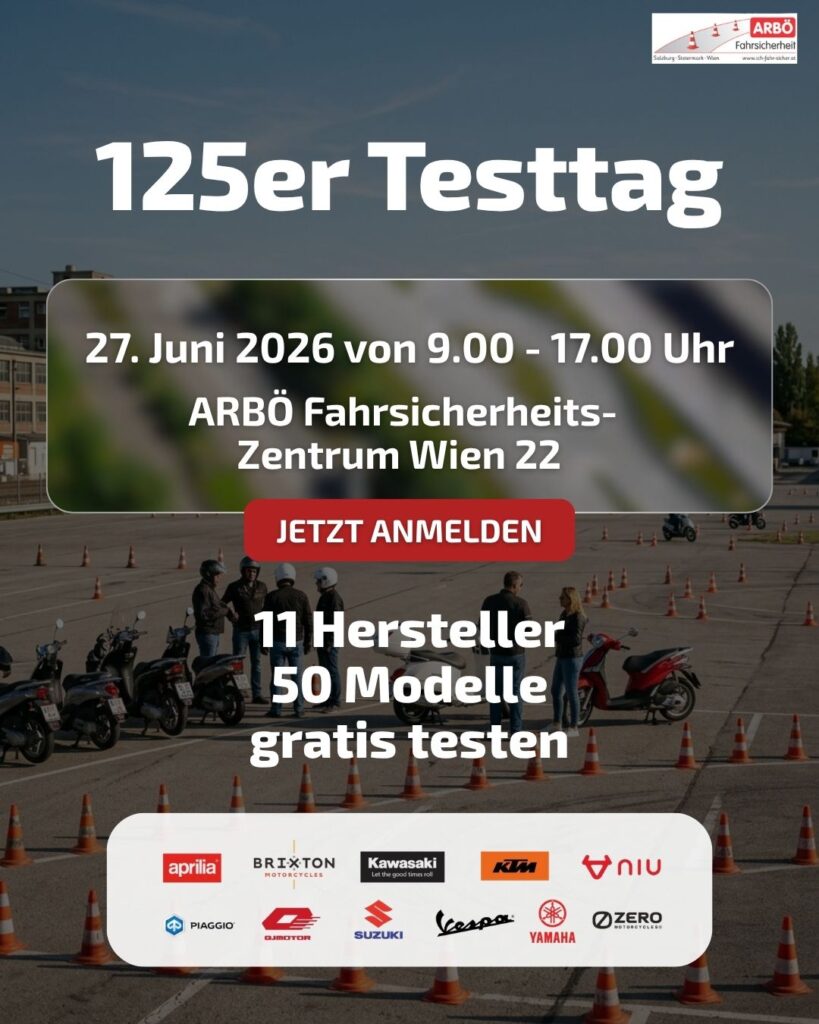 ArbĂś - 125er Testtag - I love my moped Event poster for the 125er Testtag: June 27, 2026, 9:00â17:00 at ARBĂ FahrÂsicherheitÂs-Zentrum Wien 22; red Jetzt anmelden button; 11 Hersteller, 50 Modelle gratis testen; sponsor logos at bottom.