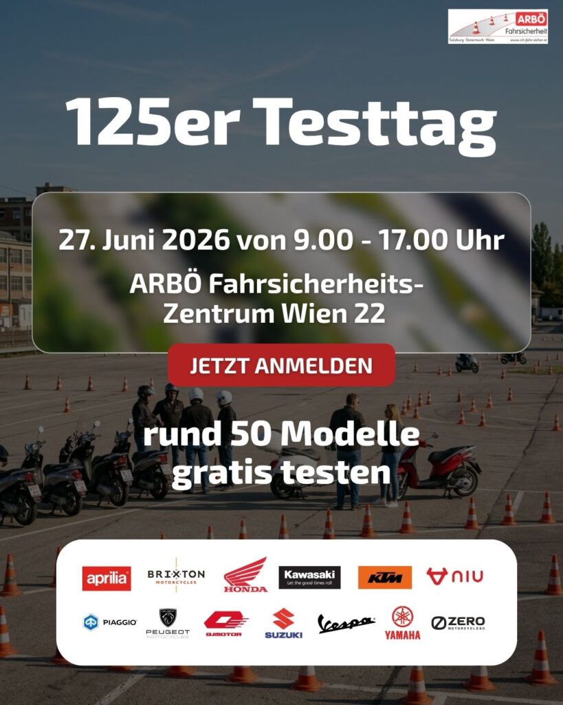 ArbĂś - 125er Testtag 1 - I love my moped Event poster for 125er Testtag on 27 June 2026, 9:00â17:00 at ARBĂ FahrÂsicherheitszentrum Wien 22; ~50 motorcycle models to test; register now.